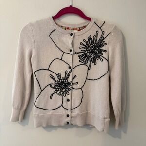 Tabitha Anthropologie Floral Embroidered Cardigan Cream Lambswool Angora Small
